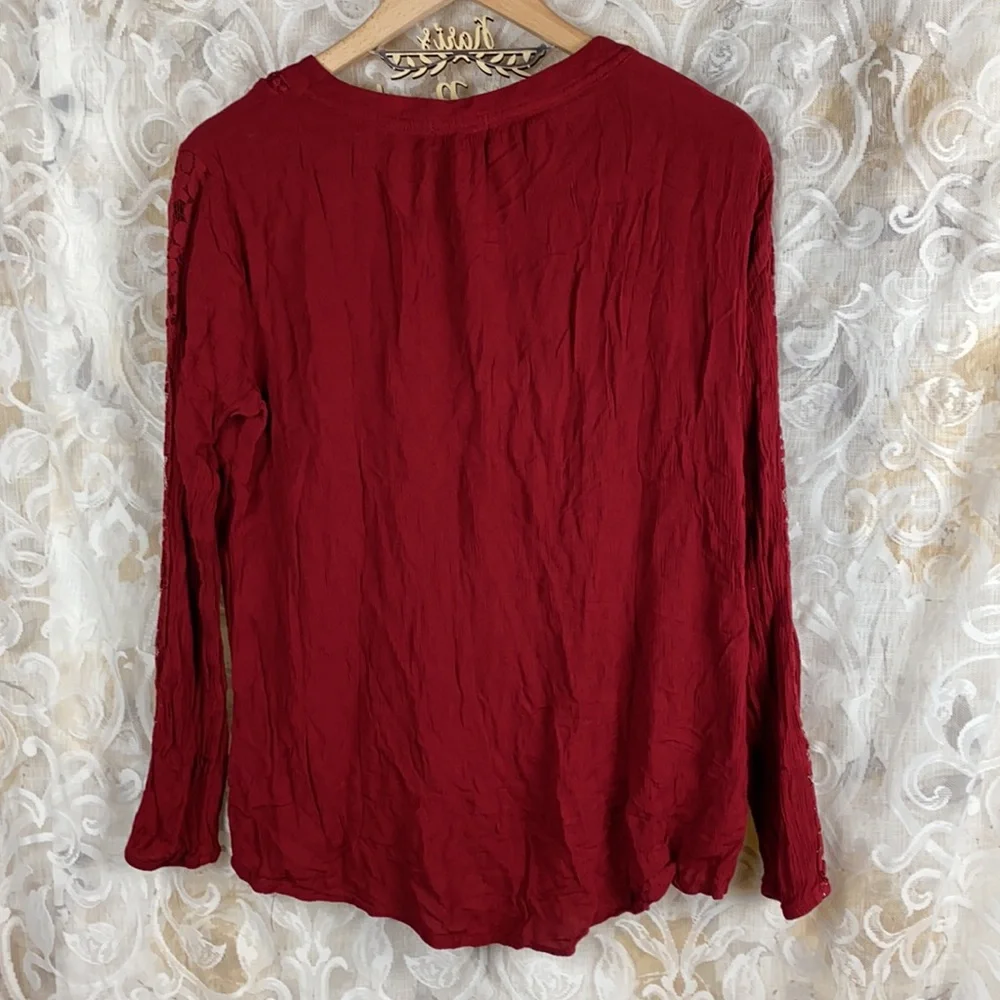 Artesia Boho Chic Peasant Blouse Red Lace trim lace up long sleeve shirt Medium - Picture 13 of 13